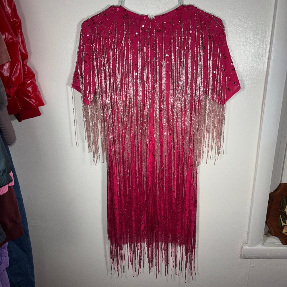 Nasty Gal Beaded Fringe Mini Dress Womens Sz 0 Pink Sequin Party Cocktail - Picture 8 of 12